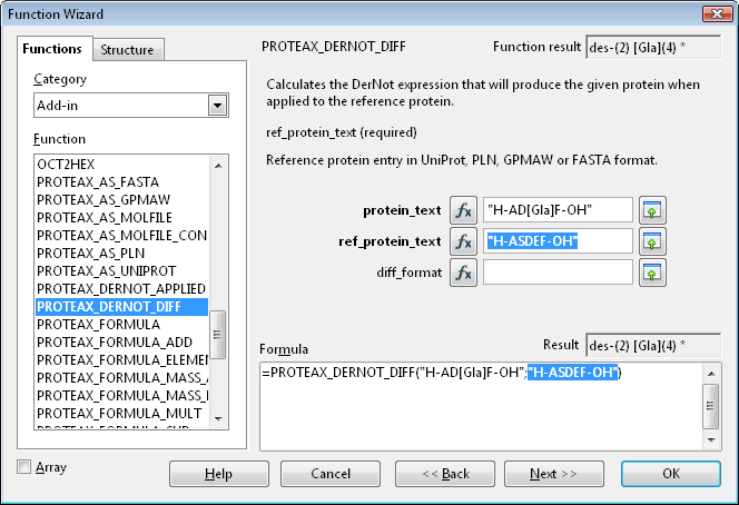 [Image: OpenOffice.org Calc's function wizard supports interactive testing of Proteax functions.]